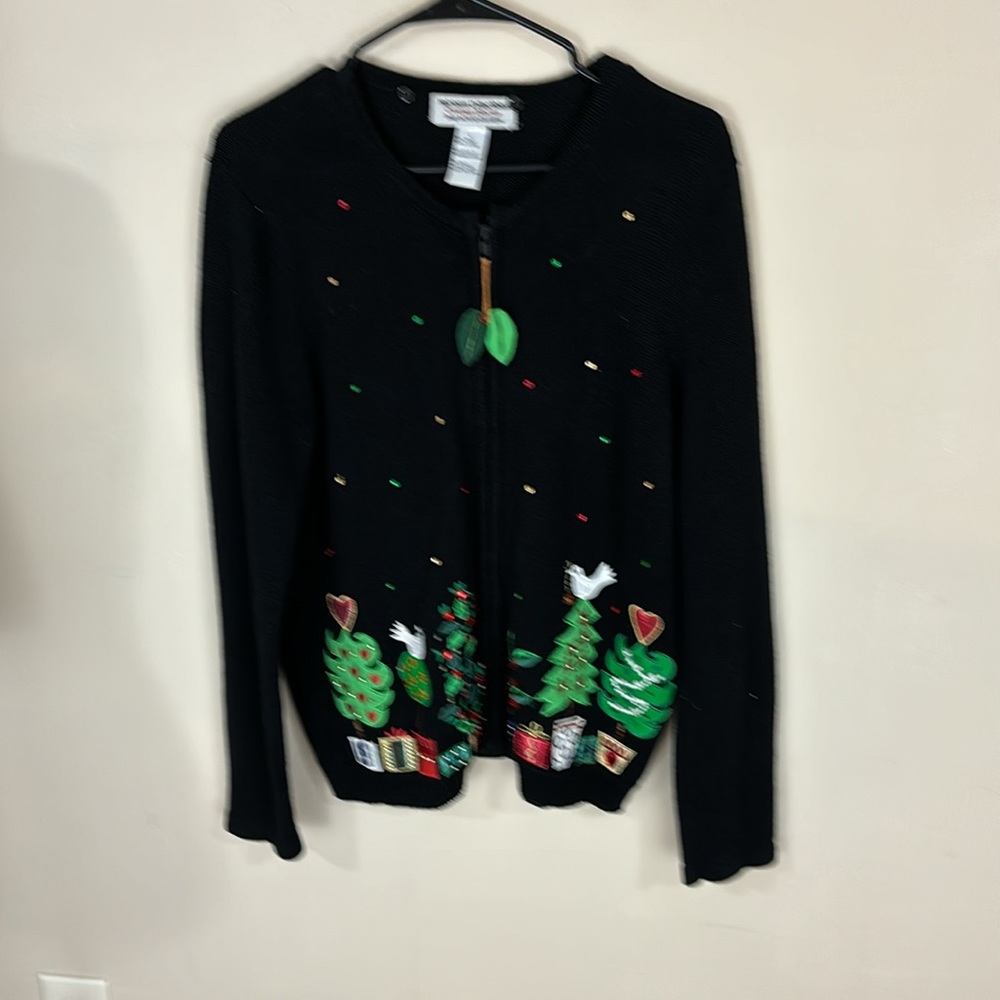 Heirloom Collectibles Black Holiday Christmas Full Zip  Sweater Size Large